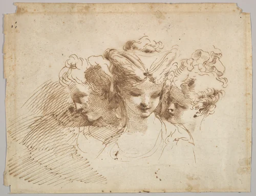 Three Female Heads by Gaetano Gandolfi, drawing, 1734-1802