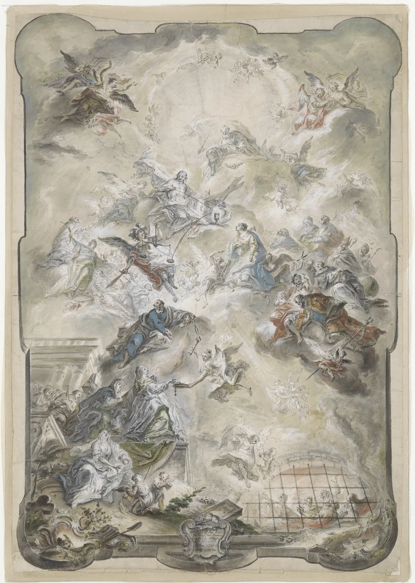 Design for a Wall Panel or Ceiling with The Virgin and Saints Interceding before Christ for the Souls of the Lost by Johann Baptist Enderle, drawing, 1766-1771