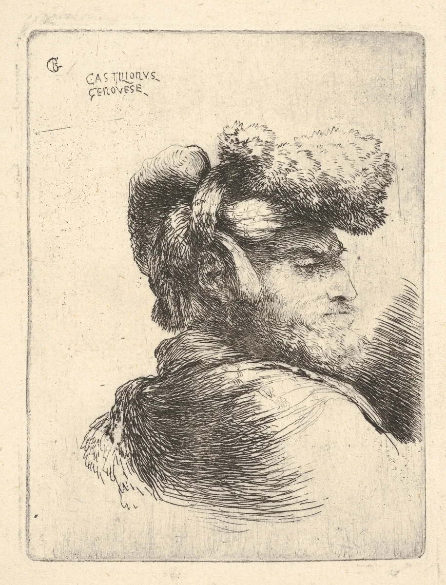 Man in profile facing right, wearing a fur hat, from "Small Heads in Oriental Headdress" by Giovanni Benedetto Castiglione, print, 1635-1655
