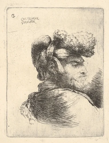 Man in profile facing right, wearing a fur hat, from "Small Heads in Oriental Headdress" by Giovanni Benedetto Castiglione, print, 1635-1655