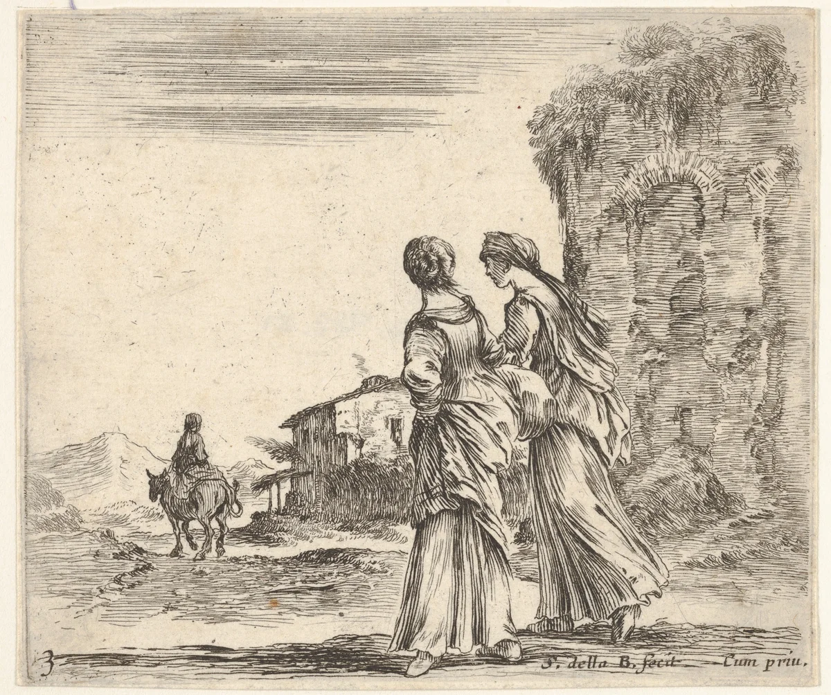 Plate 3: two girls walking towards the left, seen from behind, a woman on a horse to left in background, from "Diversi Capricci" by Stefano della Bella, print, 1644-1647