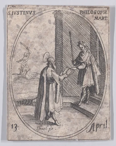 S. Justin, philosophe (St. Justin, Philosopher), April 13th, from "Les Images De Tous Les Saincts et Saintes de L'Année" (Images of All of the Saints and Religious Events of the Year) by Jacques Callot, print, 1636