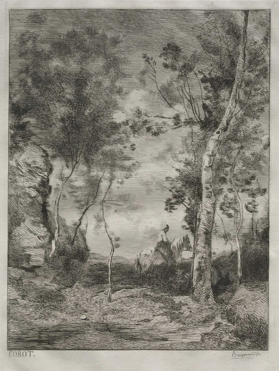 Landscape, or The White Horse, after Corot by Félix Bracquemond, print, 1853-1863
