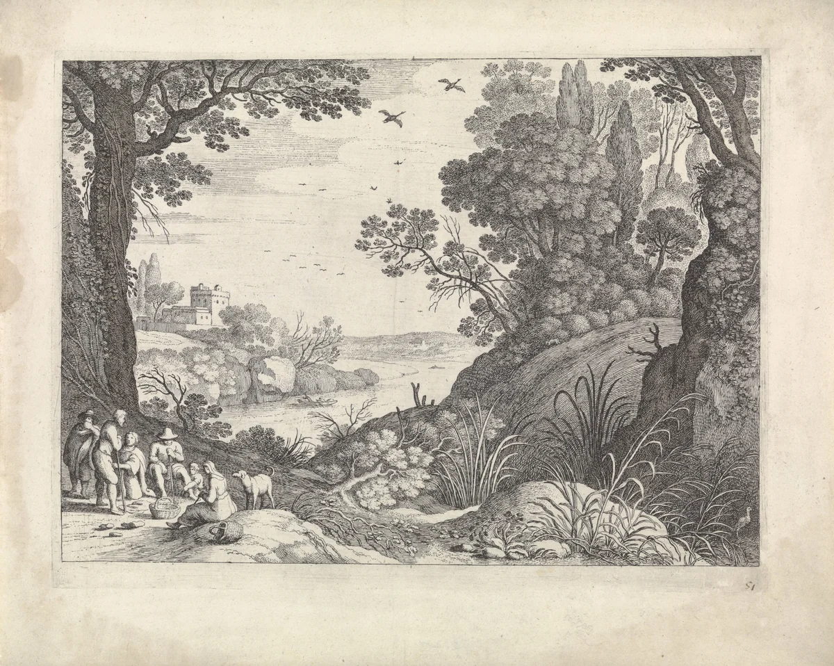 Rivierlandschap met groep figuren by Guilliam van Nieulandt, print, 1594-1635
