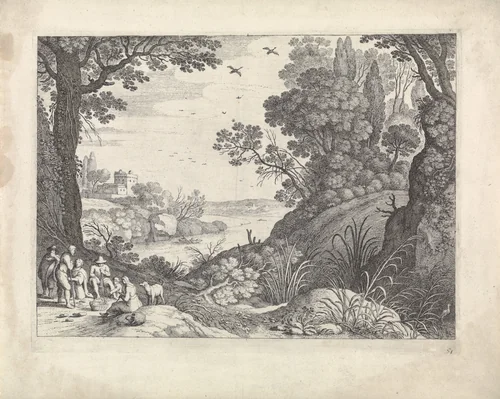 Rivierlandschap met groep figuren by Guilliam van Nieulandt, print, 1594-1635