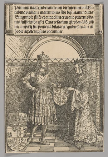 Maximilian and Maria of Burgundy, plate 2 from Historical Scenes from the Life of Emperor Maximilian I from the Triumphal Arch by Albrecht Dürer, print, 1515-1517