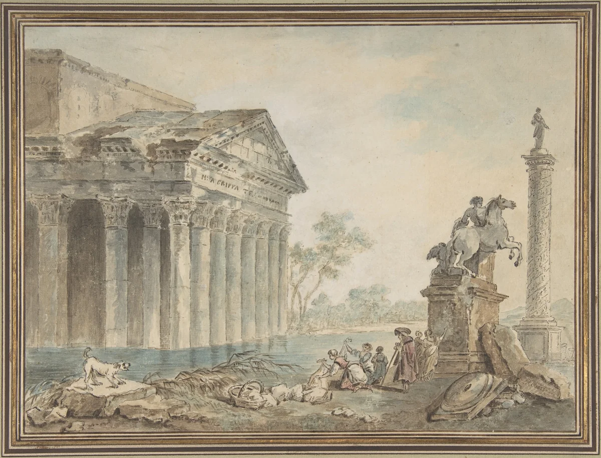 Architectural Capriccio with Roman Monuments and Washerwomen by Hubert Robert, drawing, 1745-1808