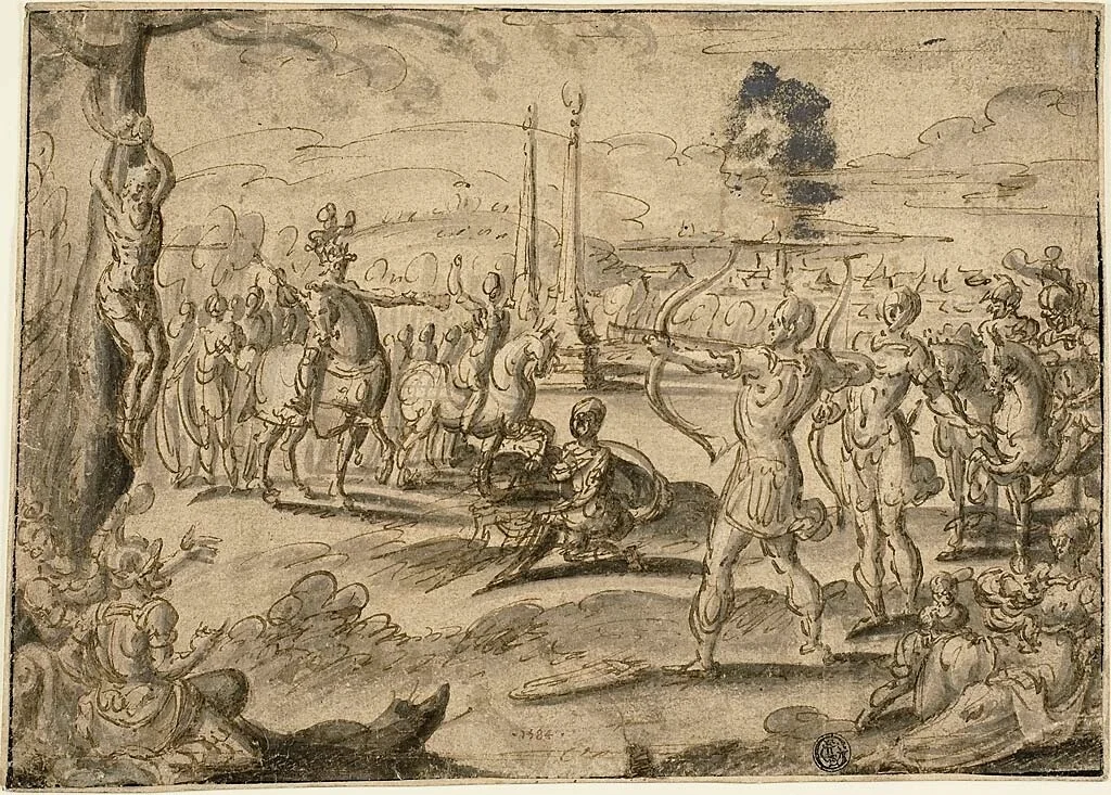 Shooting at Father's Corpse by Marten van Heemskerck, drawing, 1584
