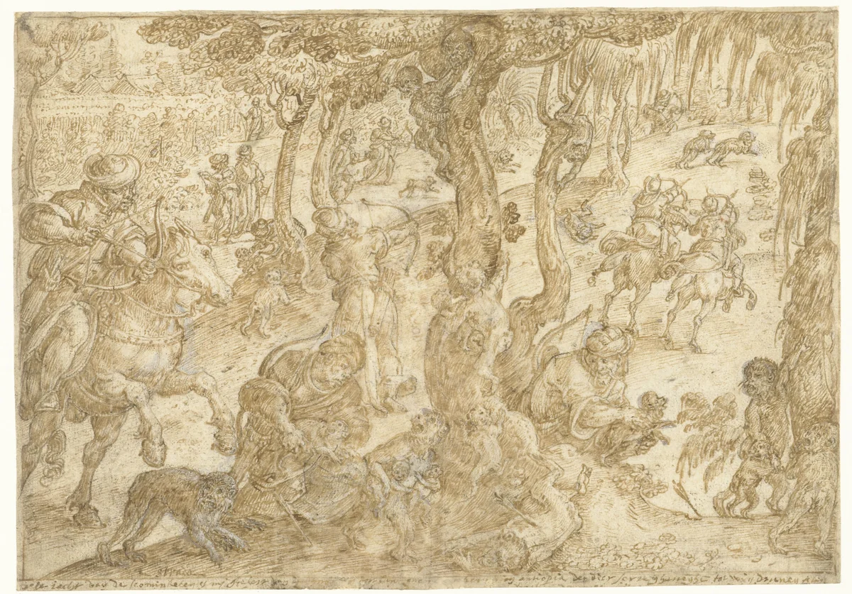 Jacht op apen in Ethiopië by Jan van der Straet, drawing, 1533-1578
