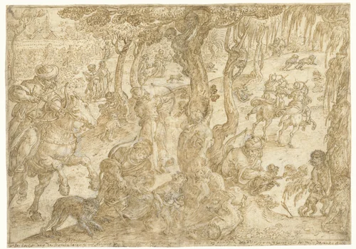Jacht op apen in Ethiopië by Jan van der Straet, drawing, 1533-1578