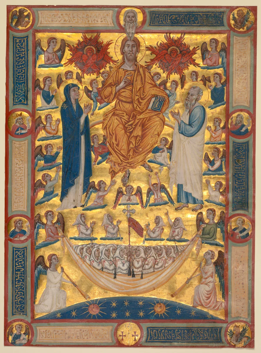 Christ in Majesty with the Virgin and St. John the Evangelist: Single Leaf from a Book of Rules by Master of the Washington Coronation, manuscript, 1305-1325