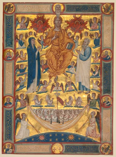 Christ in Majesty with the Virgin and St. John the Evangelist: Single Leaf from a Book of Rules by Master of the Washington Coronation, manuscript, 1305-1325