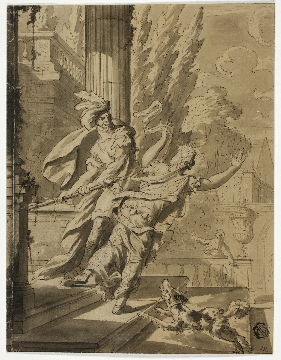 Warrior Chasing Woman Away from Palace by Gerard de Lairesse, drawing, 1600-1699