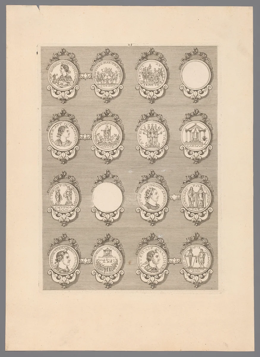 Zestien penningen met versierde lijsten, waarvan twee blanco by Simon de la Boissière, print, 1647-1682