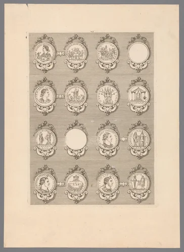 Zestien penningen met versierde lijsten, waarvan twee blanco by Simon de la Boissière, print, 1647-1682