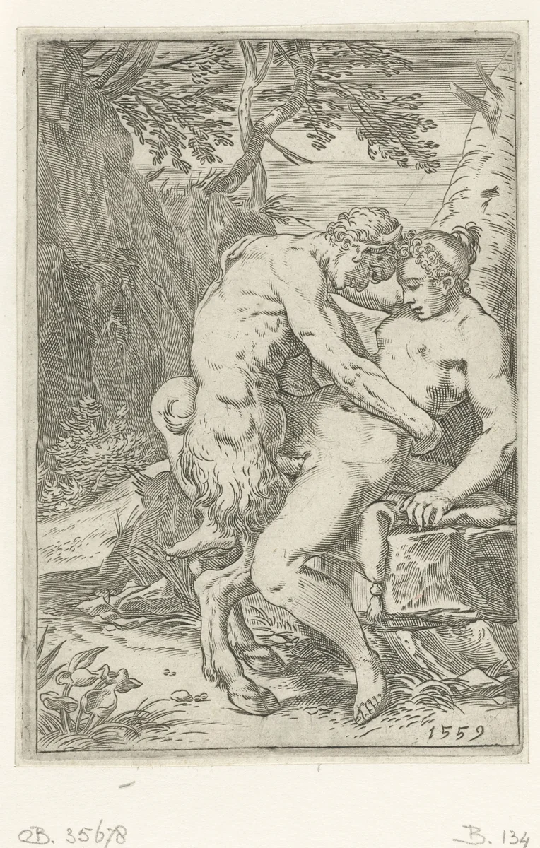 Sater bedrijft de liefde met een nimf by Agostino Carracci, print, 1559