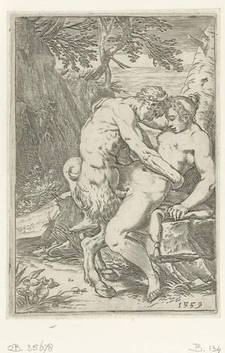 Sater bedrijft de liefde met een nimf by Agostino Carracci, print, 1559