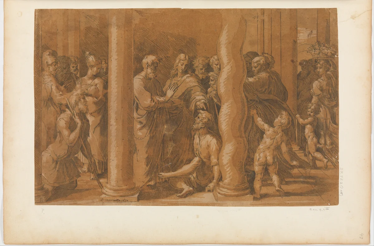 St. Peter and St. John Healing the Cripples at the Gate of the Temple by Parmigianino, print, 1503-1540