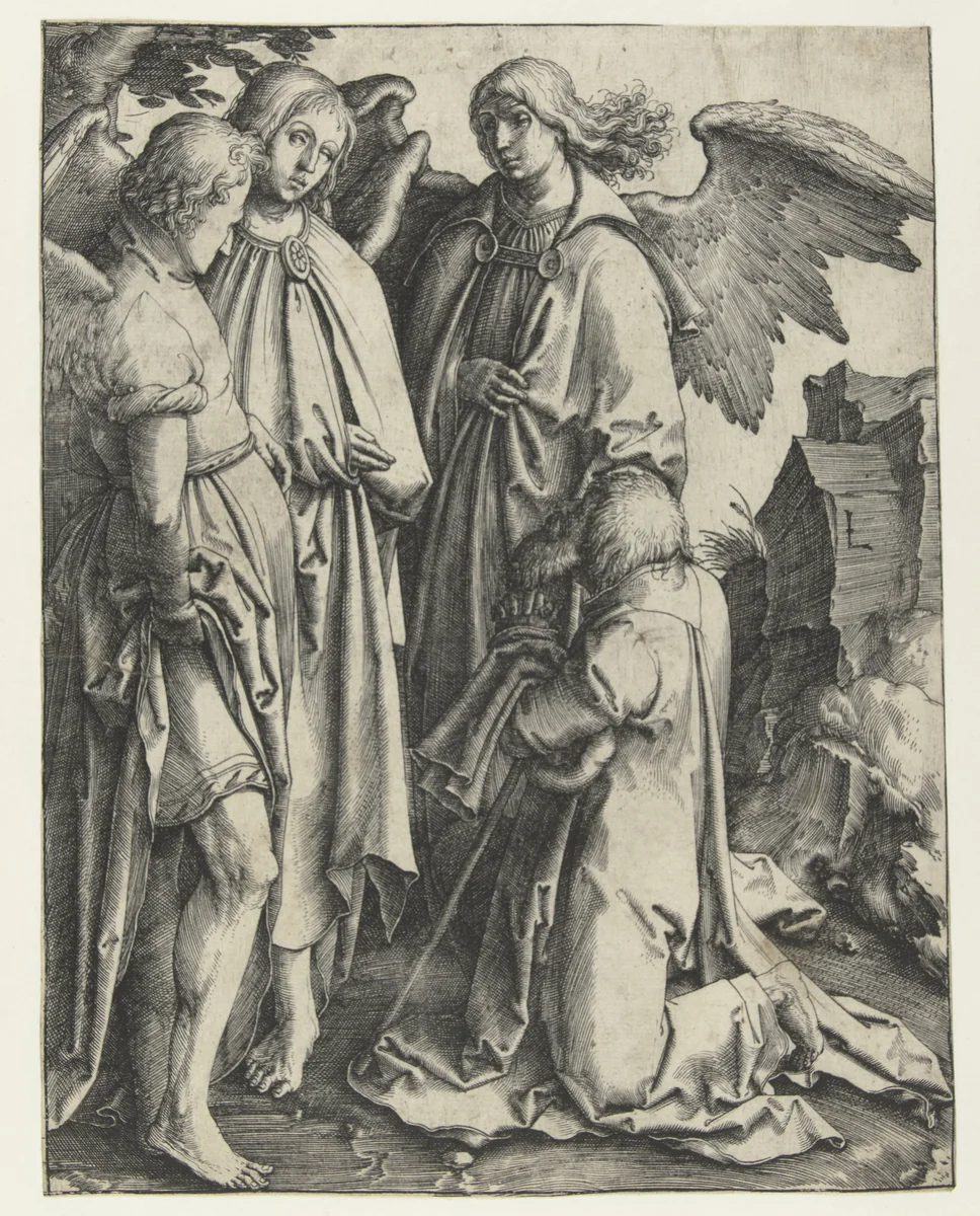 Abraham en de drie engelen by Unknown, print, 1511-1515