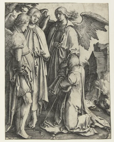 Abraham en de drie engelen by Unknown, print, 1511-1515