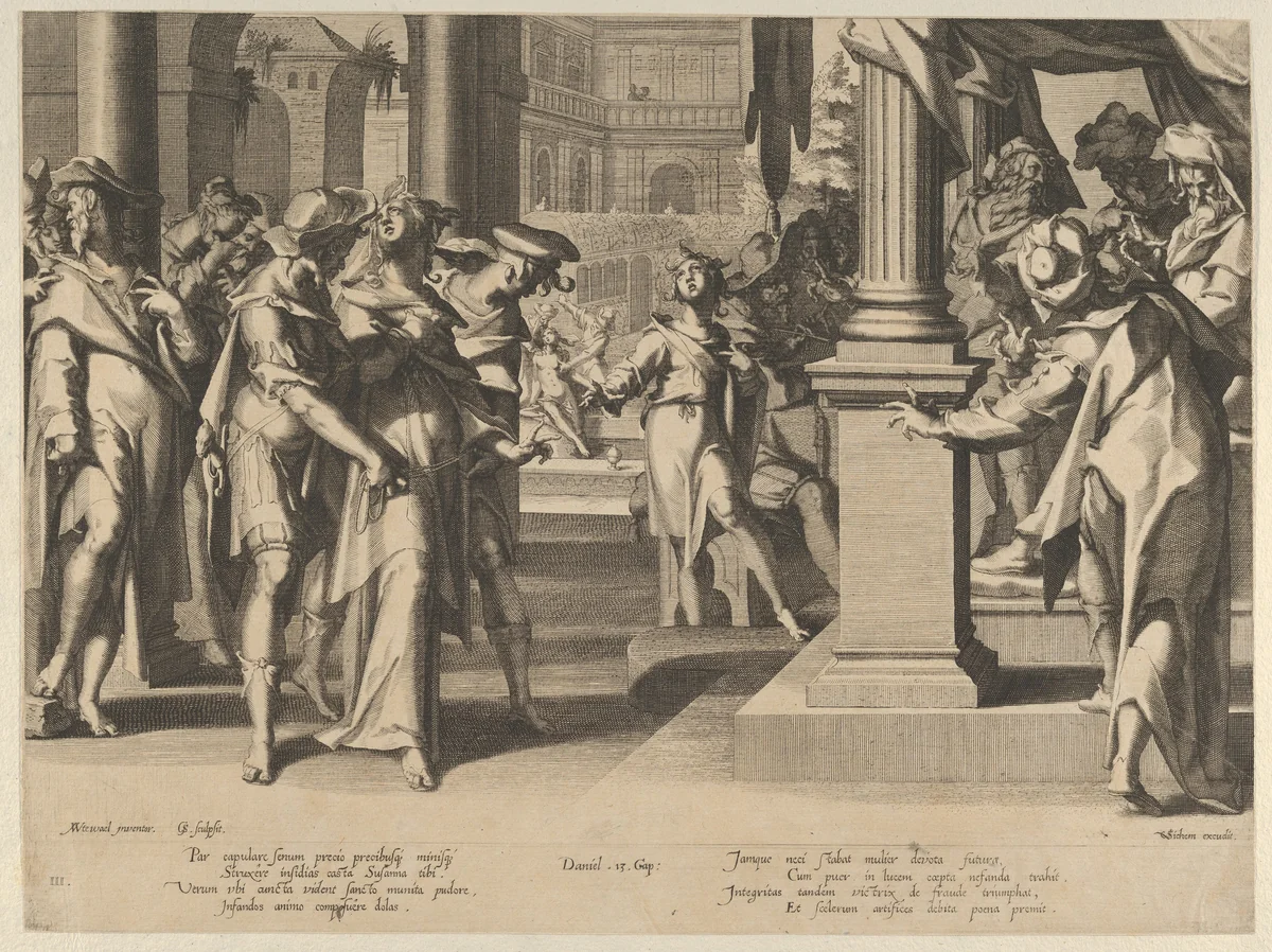 Susanna before Daniel, plate 3 from "Thronus Justitiae, tredecim pulcherrimus tabulis..." by Willem van Swanenburg, print, 1605-1606