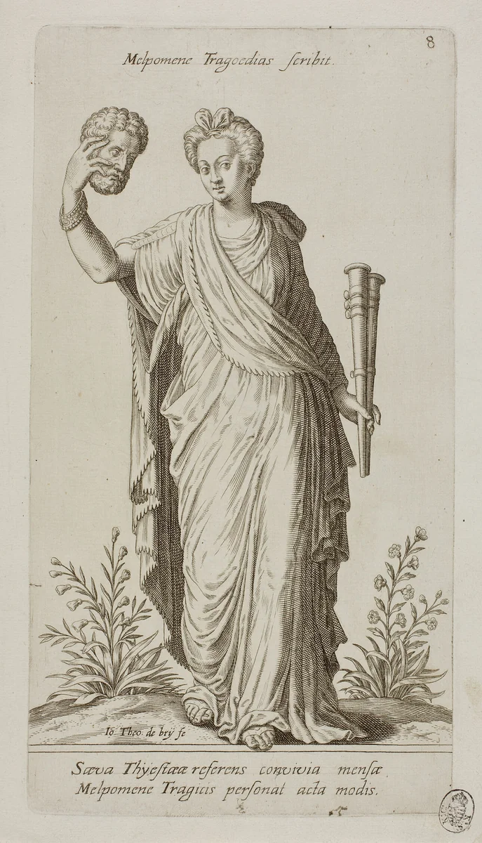 Melpomene, Muse of Tragedy, plate 8 from Parnassus Biceps by Johann Theodor de Bry Jean-Jacques Boissard, print, 1601