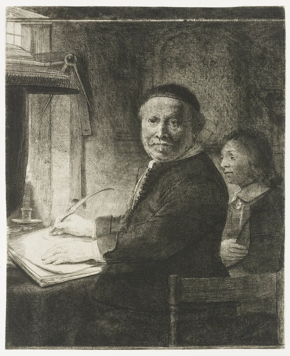 Lieven Willemsz. van Coppenol, writing master: the smaller plate by Rembrandt van Rijn, print, 1658