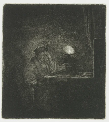 Student at a table by candlelight by anonymous, print, 1640-1645