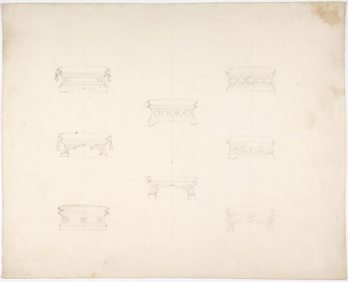 Design for Eight Gothic Footstools by anonymous, drawing, 1800-1850
