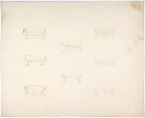 Design for Eight Gothic Footstools by anonymous, drawing, 1800-1850