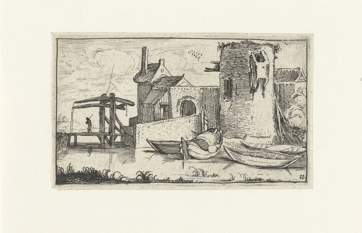 Gebouw met vervallen toren bij een ophaalbrug by anonymous, print, 1600-1699