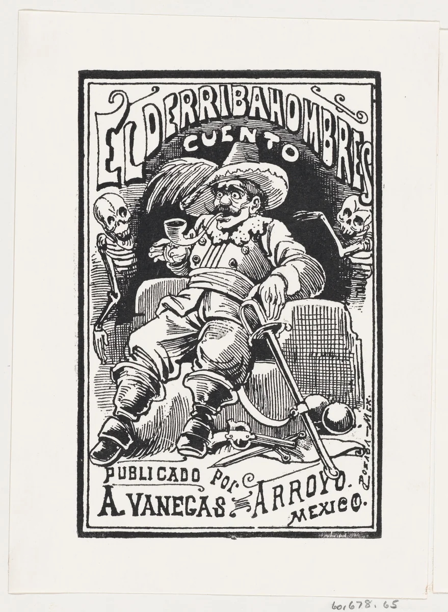 A man with weapons and a pipe in his mouth flanked by two skeletons, illustration for 'El Derribahombres' by José Guadalupe Posada, print, 1875-1885