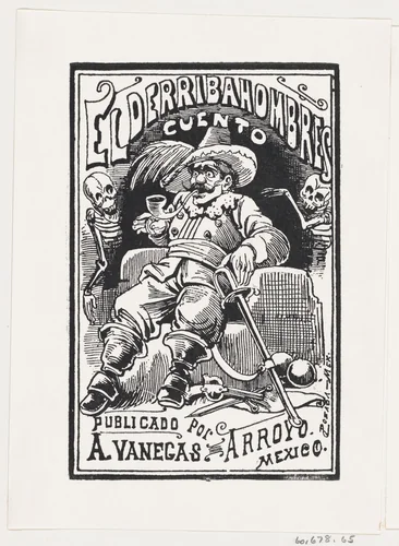 A man with weapons and a pipe in his mouth flanked by two skeletons, illustration for 'El Derribahombres' by José Guadalupe Posada, print, 1875-1885