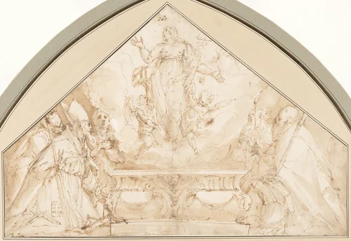 The Assumption of the Virgin with Two Bishops and Other Figures by Giulio Benso, drawing, 1630-1668