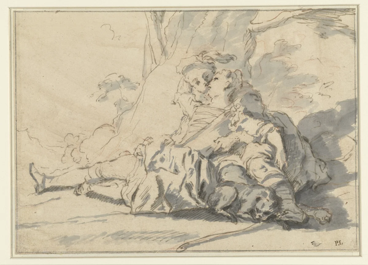 Vrijend paar in een landschap by anonymous, drawing, 1700-1800