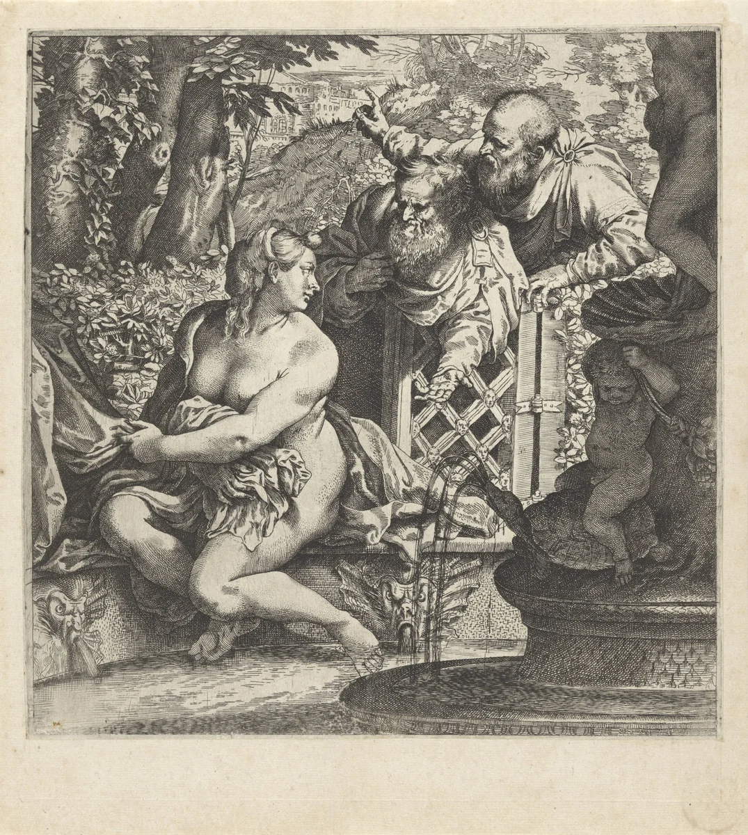 Susanna en de ouderlingen by Annibale Carracci, print, 1590-1595