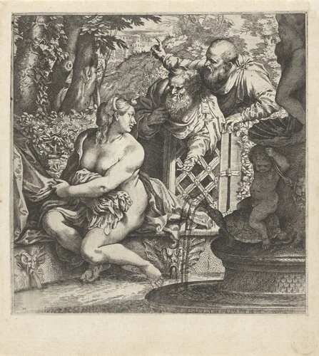 Susanna en de ouderlingen by Annibale Carracci, print, 1590-1595