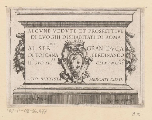 Titelprent met stenen blok met titel, opdracht en wapenschild by Giovanni Battista Mercati, print, 1629