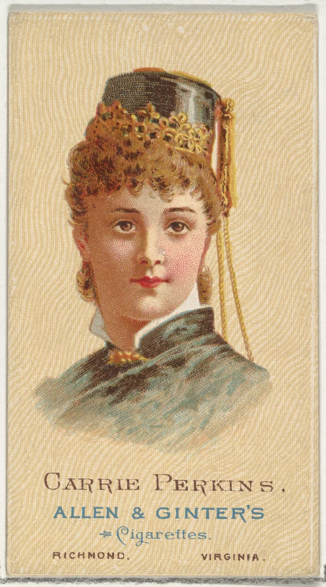 Carrie Perkins, from World's Beauties, Series 2 (N27) for Allen & Ginter Cigarettes by Allen & Ginter, print, 1888