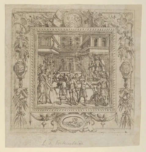 Flagellation of Christ in an ornate Frame by anonymous, print, 1537-1550