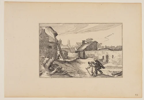 A Village, Ladder Standing against House on Left, from Landscapes (Verscheyden aerdige Lanthuysen...) by Claes Jansz Visscher, print, 1620