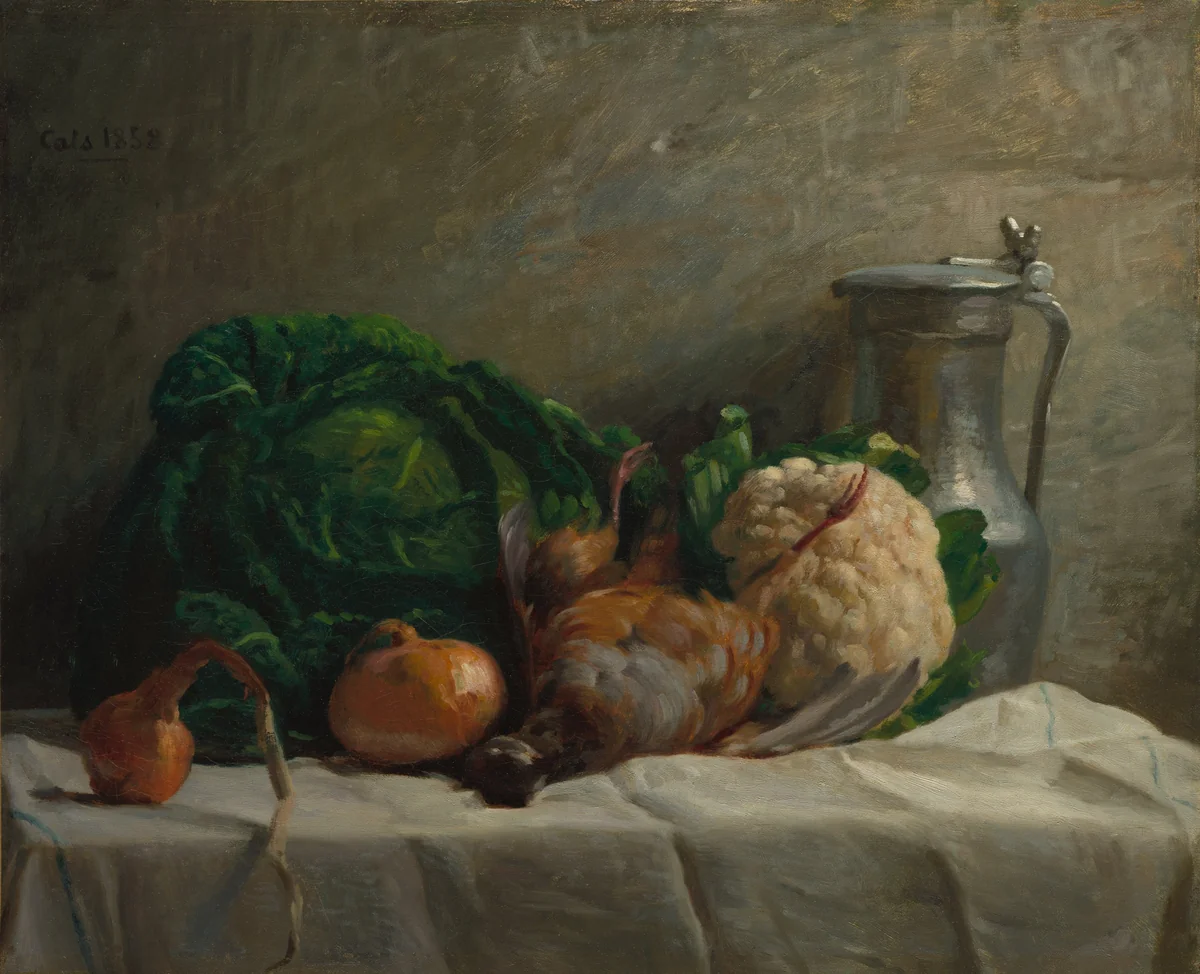 Still Life with Vegetables, Partridge, and a Jug by Adolphe Félix Cals, painting, 1858