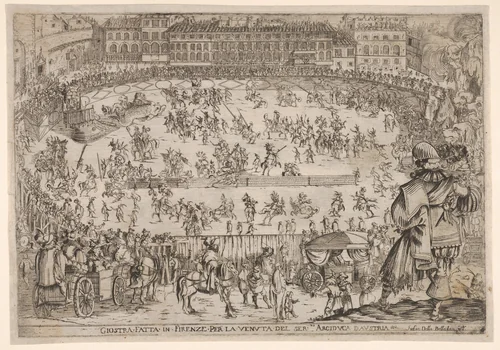 Joust held in Florence for the arrival of the archduke of Austria, an oval arena with many horsemen and pedestrians, spectators in carriages in the foreground, a row of houses at center in the background, from "Combattimento e balletto a cavallo" by Stefano della Bella, print, 1619-1629
