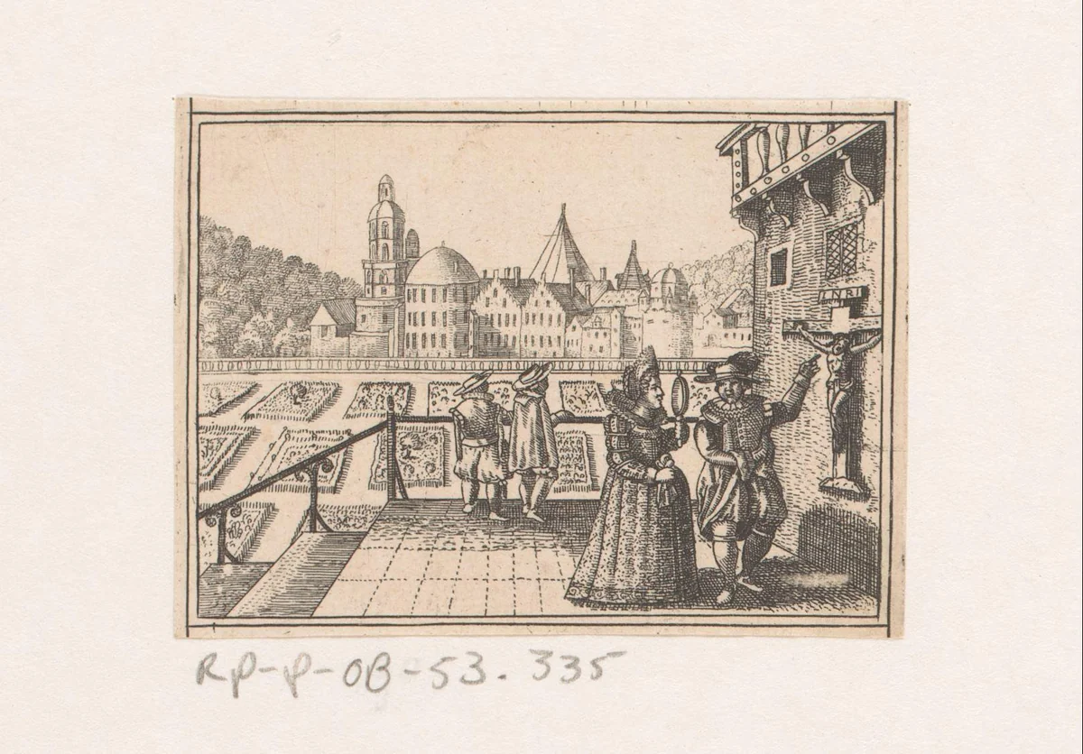 Man en vrouw bij kruisbeeld op bordes by Daniel Sudermann, print, 1624