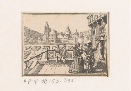 Man en vrouw bij kruisbeeld op bordes by Daniel Sudermann, print, 1624