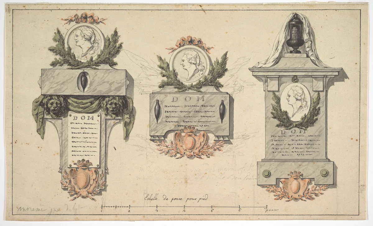 Three Designs for a Funerary Monument or Epitaph by Jean Michel Moreau le Jeune, drawing, 1770-1790
