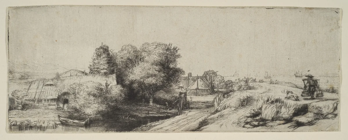 View of the Diemerdijk with a Milkman and Cottages ('Het Melkboertje') by Rembrandt van Rijn, print, 1645-1655