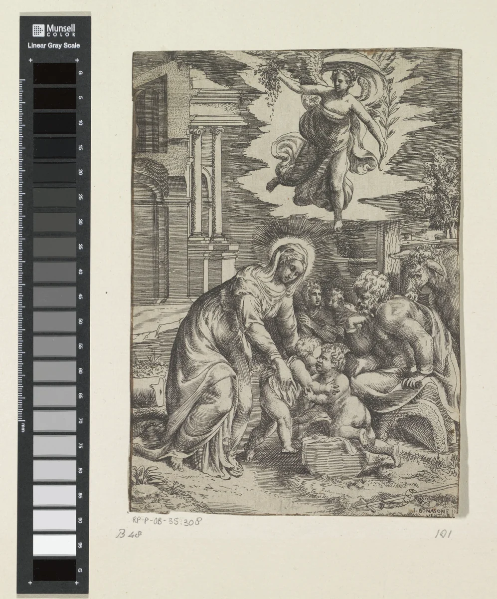 Heilige Familie met de jonge Johannes de Doper en een engel by Giulio Bonasone, print, 1501-1580