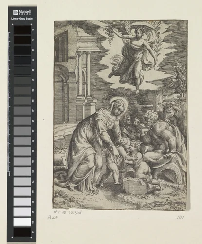 Heilige Familie met de jonge Johannes de Doper en een engel by Giulio Bonasone, print, 1501-1580