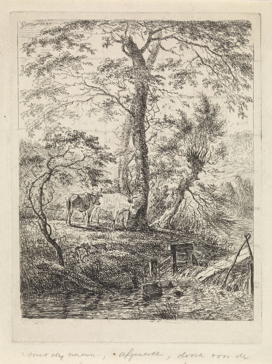 Landschap met twee koeien bij bomen en een beek by Gerard van Nijmegen, print, 1790